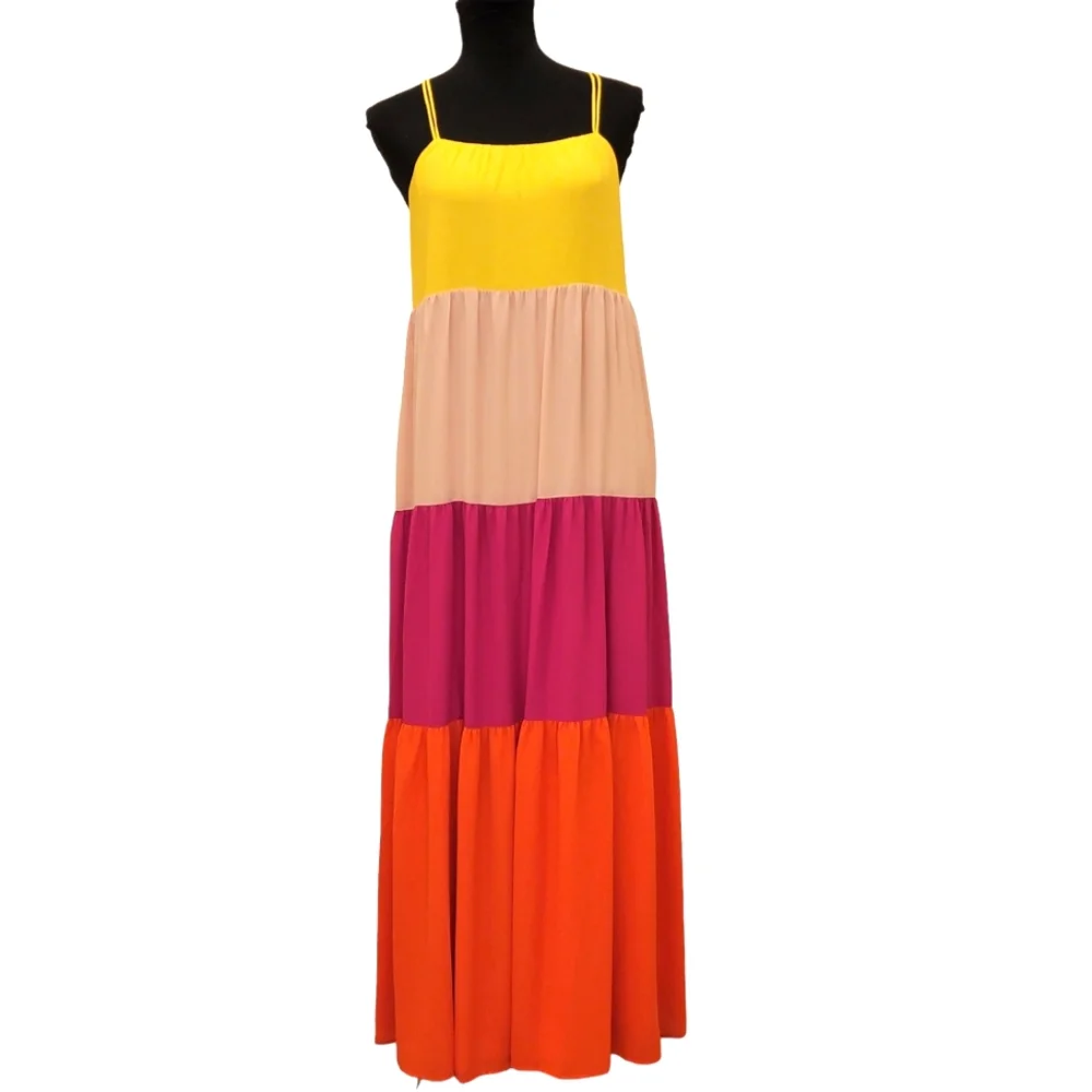 Express Tiered Spaghetti Straps Kriss Kross Back Colorblock Maxi Dress